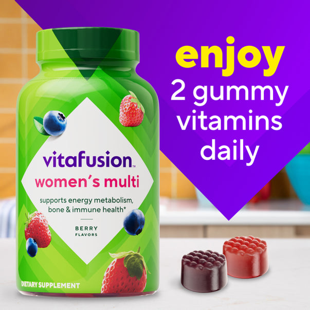 vitafusion Women's Multi Gummy vitamins, Berry Flavors. Supports energy metabolism, bone & immune health. 'enjoy 2 gummy vitamins daily'.