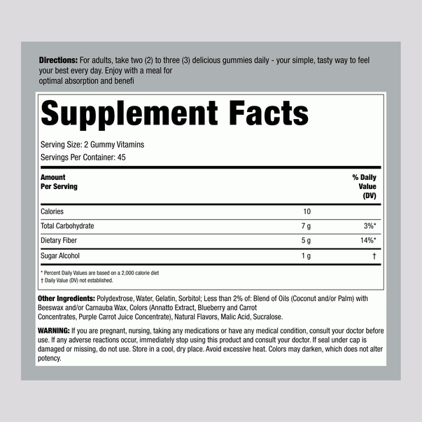 Supplement Facts for VF Fiber Well Sugar Free Gummies, 90 count, 4/3.