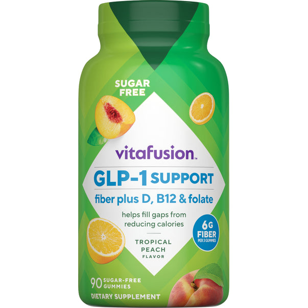 Vitafusion GLP-1 SUPPORT gummies in Tropical Peach flavor with fiber, vitamin D, B12, and folate; 6g fiber per 3 gummies.