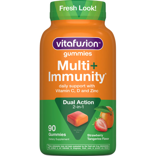 vitafusion Multi+ Immunity 90 Gummies offer daily support with Vitamin C, D, and Zinc, in a Strawberry Tangerine flavor.