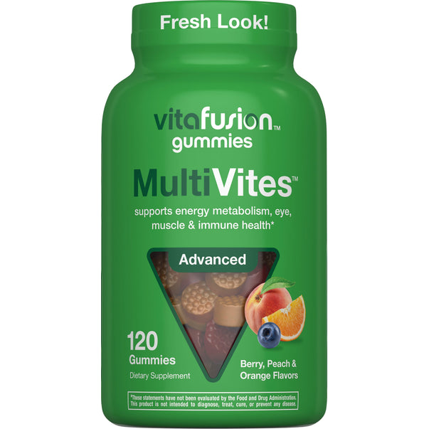 MultiVites Advanced Gummies, 120 count, in berry, peach, and orange flavors, dietary supplement.