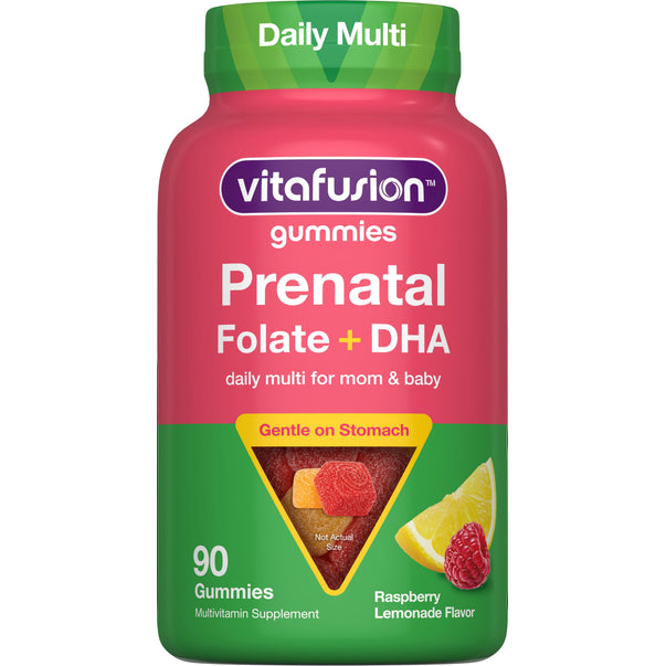Vitafusion Prenatal Folate + DHA gummies, gentle on stomach. Raspberry lemonade flavor, 90 gummies.