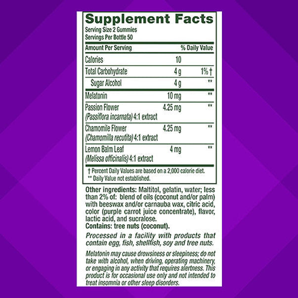 Supplement Facts for VF Max Strength Melatonin 10 mg Gummies, 100 count. Complete label shown.