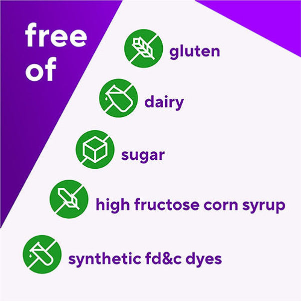 Melatonin jar labeled gluten, dairy, sugar, high fructose corn syrup, synthetic FD&C dyes free.