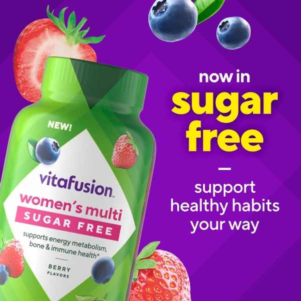 Vitafusion women's multi sugar-free gummy bottle. New! Supports energy metabolism, bone and immune health, berry flavors.