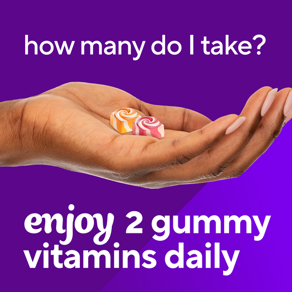Two Calcium + D3 gummy vitamins in hand with text: 'How many do I take? Enjoy 2 gummy vitamins daily'.