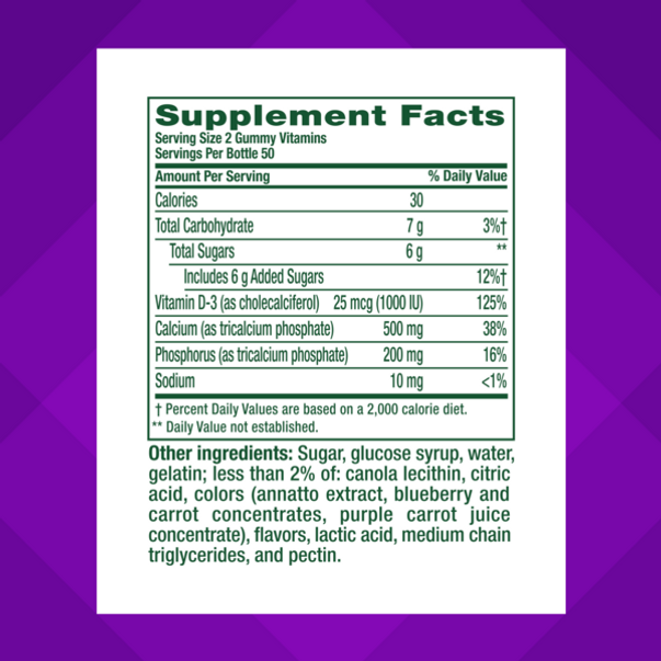 Image of Supplement Facts for VF Calcium + D3 Gummy 4/3, 100 Count.