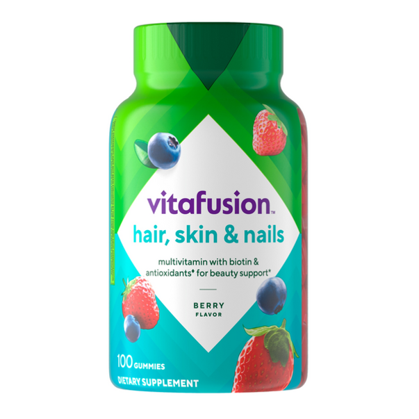 Vitafusion Hair, Skin & Nails multivitamin gummies in berry flavor, 100 count bottle.