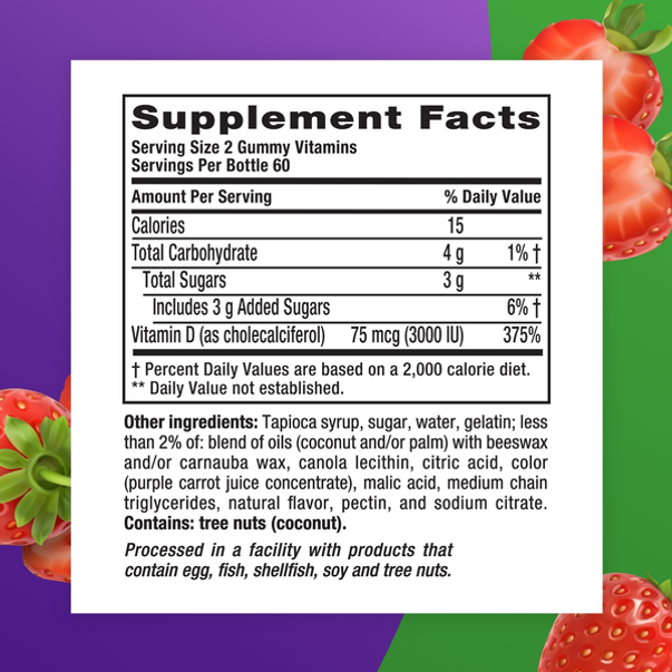 Image of the Supplement Facts panel for VF Extra Strength D3 3,000 IU Gummy, 120 Count.