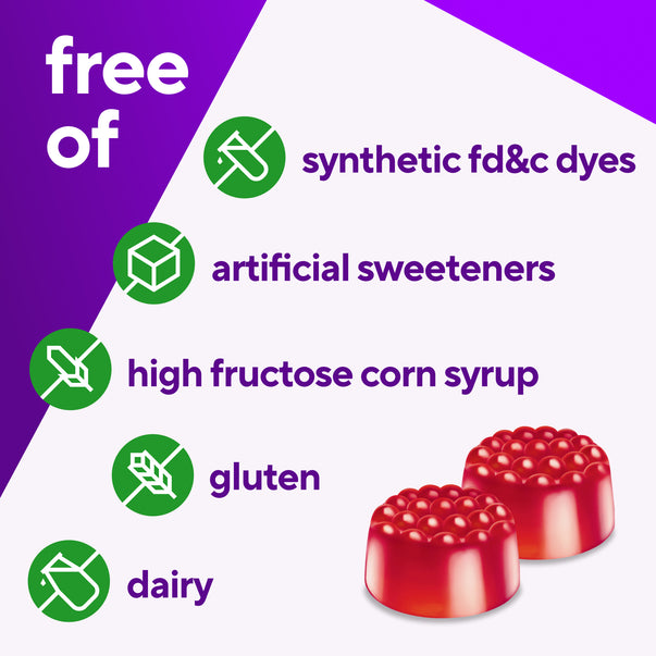 VF B12 Gummy is free of synthetic dyes, artificial sweeteners, high fructose corn syrup, gluten, and dairy.