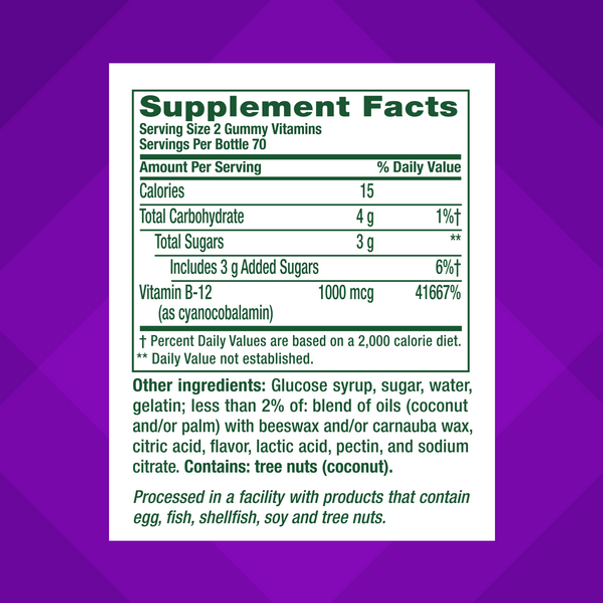 Supplement Facts panel for VF B12 1,000 mcg Gummy, 60 Count.