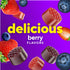 Delicious berry flavors Women's Multi Gummies with red and dark gummies, whole and cut strawberries, and blueberries.