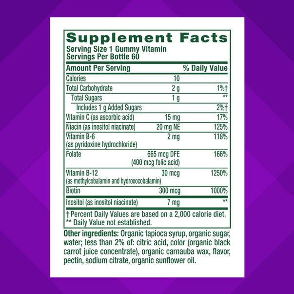 The Supplement Facts panel for B-Complex plus C Gummy 60 Count is displayed.