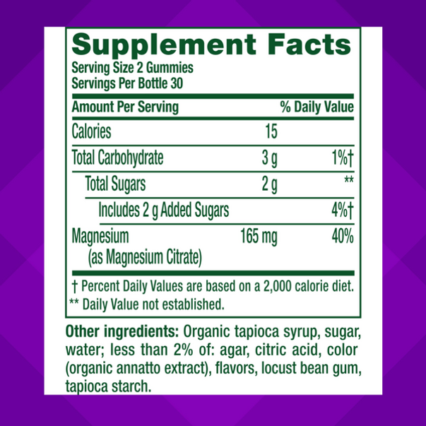 Supplement Facts panel for Magnesium Citrate 165 mg gummy, 60 count bottle.