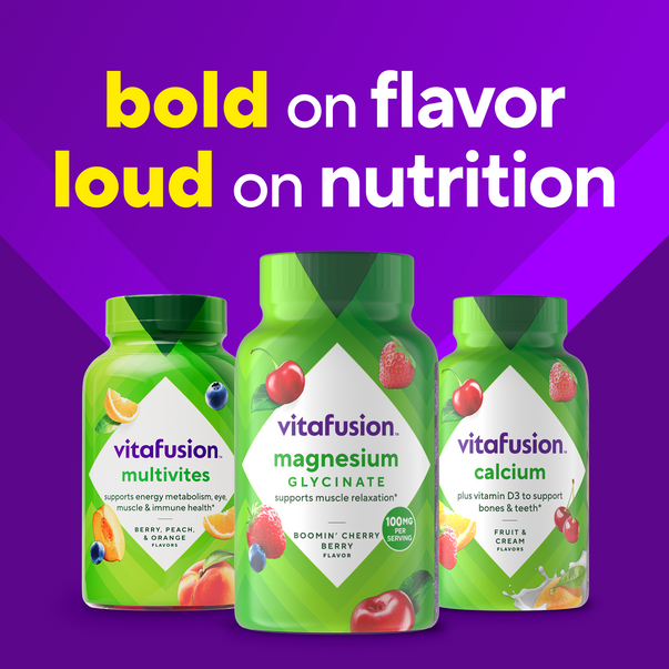 Three vitafusion bottles: Magnesium Glycinate 100mg per serving, Multivites, and Calcium with Vitamin D3 supplements.