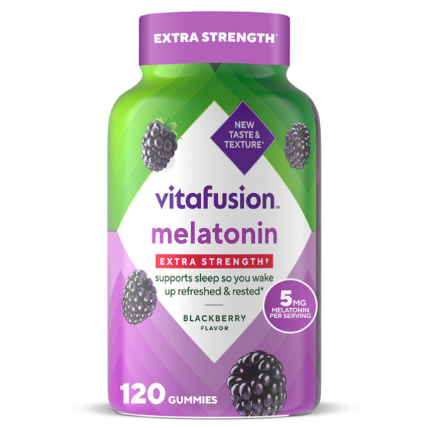 Vitafusion Extra Strength Melatonin 5 mg gummies in blackberry flavor, containing 120 gummies per bottle.