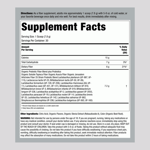 Image of the Supplement Facts panel for VF Fiber Well Wom Org 6G RasL Powder 8.25oz, detailing nutritional information and serving size.