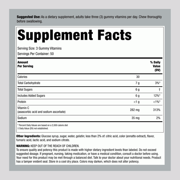 Supplement Facts for VF Power C Gummy, 282 mg, 4/3, 150 Count.