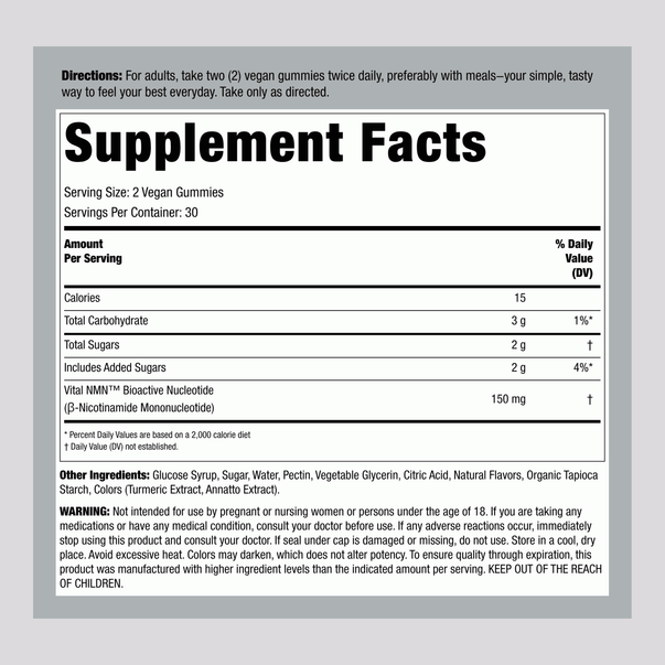 Supplement Facts panel displaying details of VF NMN Complex 60 Gummies.