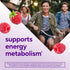 Smiling young adults cycling outdoors, with raspberries and text that states 'supports energy metabolism and health'.