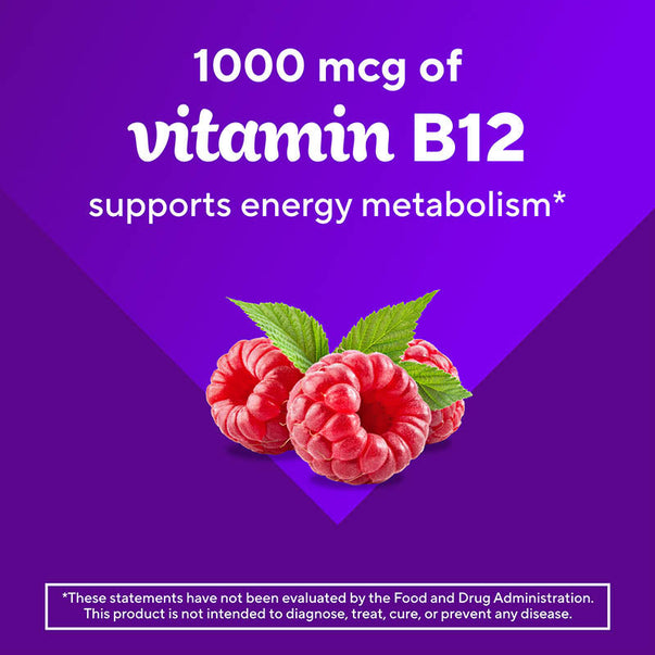 VF B12 1,000 mcg gummy graphic: Supports energy metabolism with 1,000 mcg of vitamin B12 and three red raspberries.