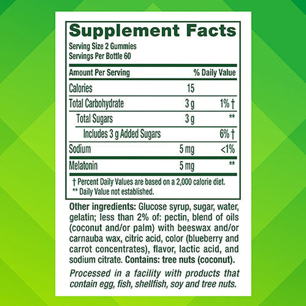 Supplement Facts panel for VF Extra Strength Melatonin 5 mg Gummy, 120 Count bottle.