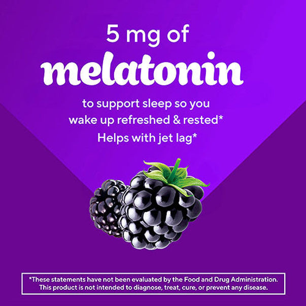Product highlights graphic stating 5 mg of melatonin to support sleep so you wake up refreshed & rested*, Helps with jet lag*, with blackberries.