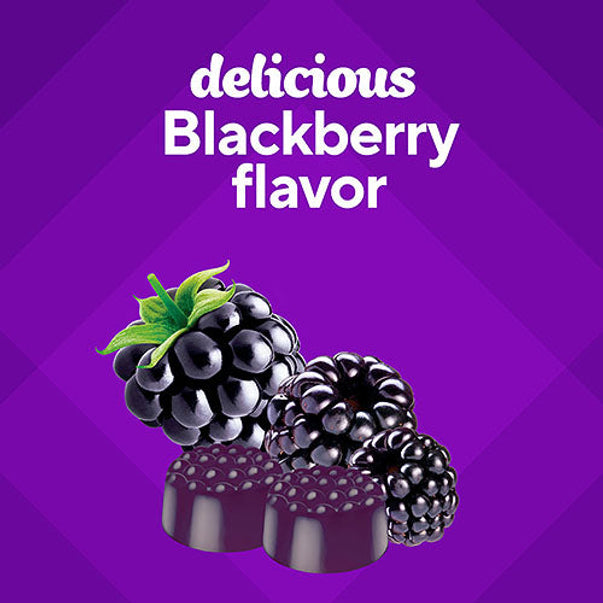 VF Extra Strength Melatonin 5 mg Gummies, 120 Count, showing two purple gummies, fresh blackberries, and 'delicious Blackberry flavor' text.