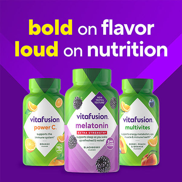 vitafusion Melatonin Extra Strength 5mg gummies in Blackberry flavor support restful sleep and refreshing mornings.