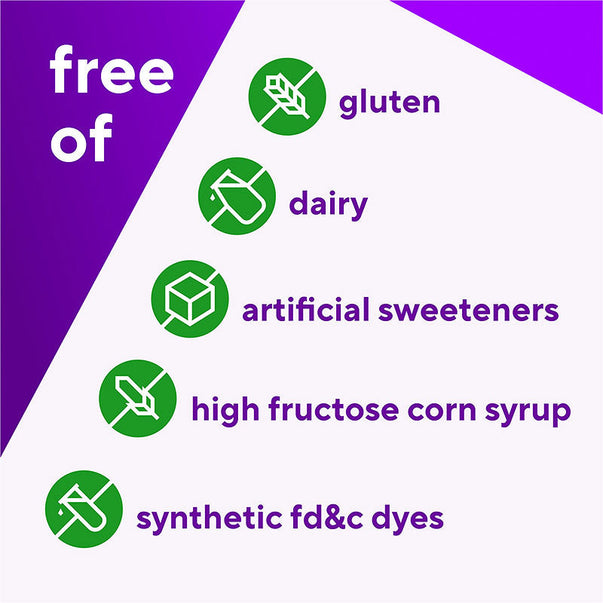 Magnesium Citrate Gummy bottle, free of gluten, dairy, artificial sweeteners, high fructose corn syrup, synthetic FD&C dyes.