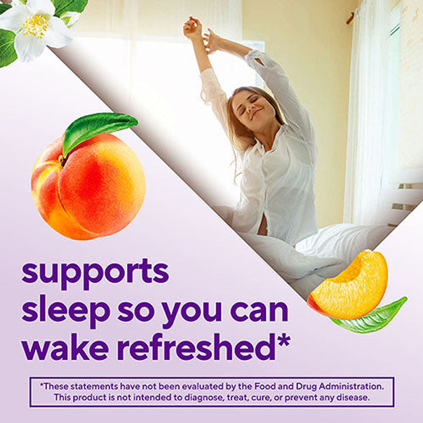 Young woman stretching in bed with jasmine and peaches, for Melatonin Gummies. Text: 'supports sleep so you can wake refreshed'.
