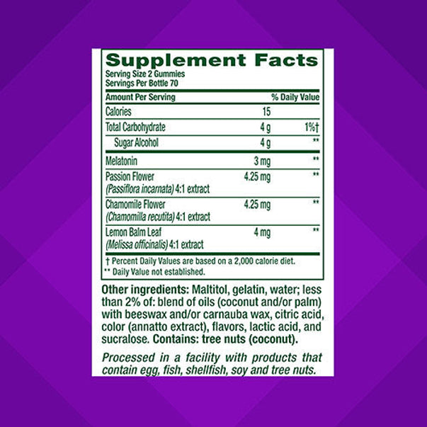 Image of Supplement Facts panel for Sugar Free Melatonin 3 mg Gummy, 140 count.