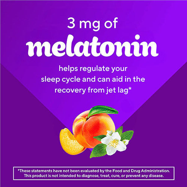 Product highlights graphic stating 3 mg of melatonin helps regulate your sleep cycle and can aid in the recovery from jet lag.