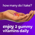 VF D3 Gummy vitamins: A hand holds two gummies with text 'Enjoy 2 gummy vitamins daily'.