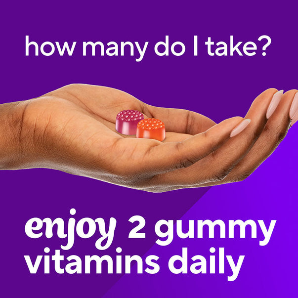 VF D3 Gummy vitamins: A hand holds two gummies with text 'Enjoy 2 gummy vitamins daily'.