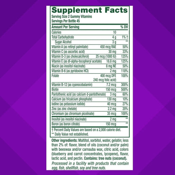 The Supplement Facts panel for VF Sugar Free Women's Multi Gummy 4/3, containing 90 gummies.