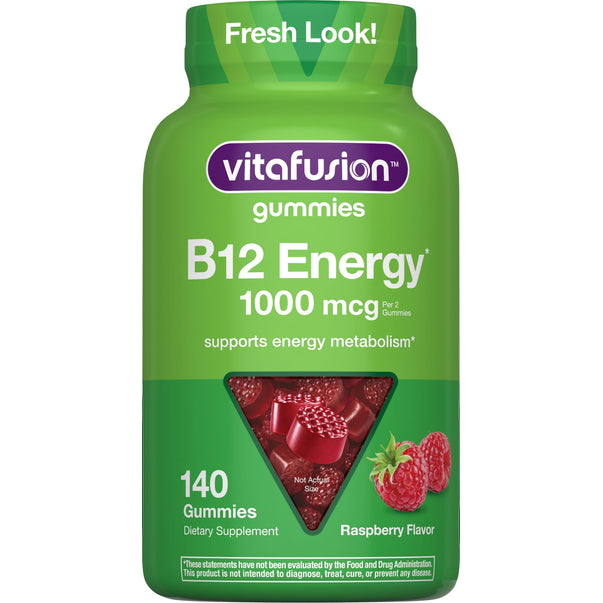 Vitafusion gummies B12 Energy 1000 mcg, 140 gummies, raspberry flavor, supports energy metabolism effectively.
